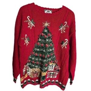 Vintage Tiara Christmas Sweater Embroidered Tree Teddy Bear Candy Canes Womens L